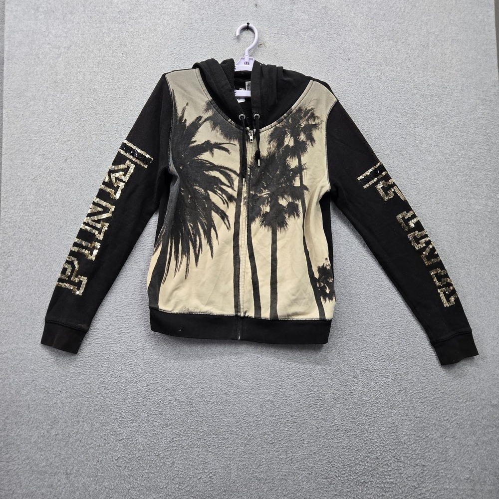 PINK Victoria's Secret Women Hoodie L Black Sequins Bling Palm Tree Logo Graphic